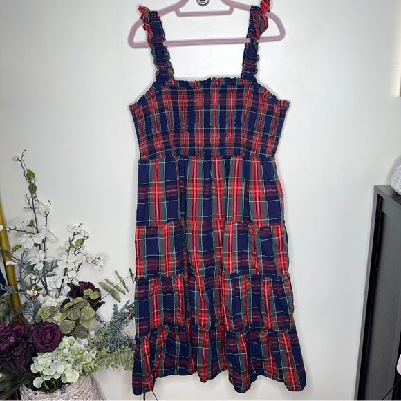 J. CREW Factory Plaid Cotton Poplin Smocked Tiered Midi Dress Red Blue {RR24} - Picture 4 of 8